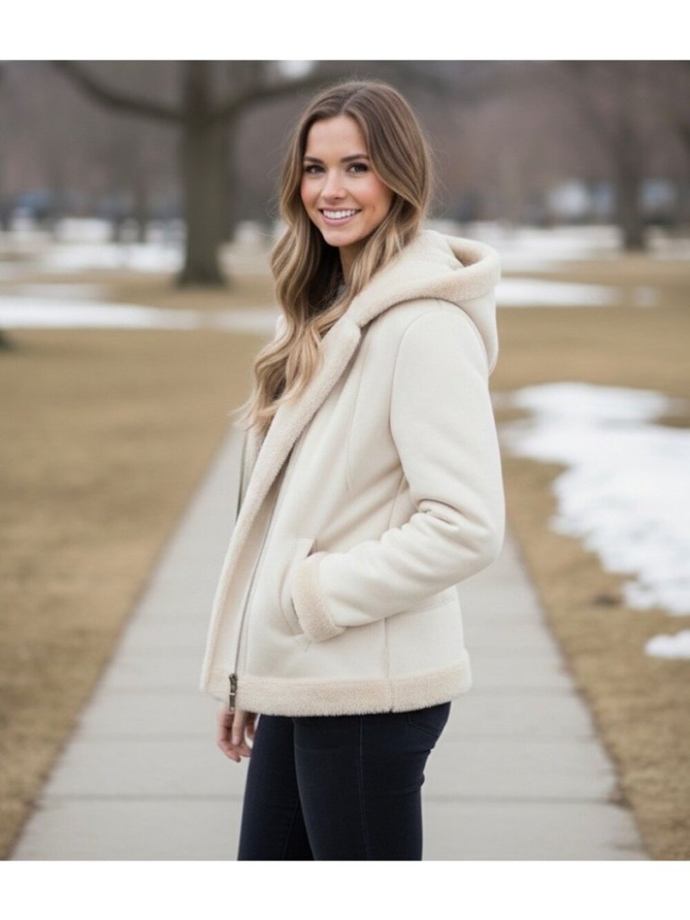 Vintage Hydraulic Hooded Cream Faux Suede & Fur Penny Lane Coat L Y2K 90s Grunge - Picture 11 of 16